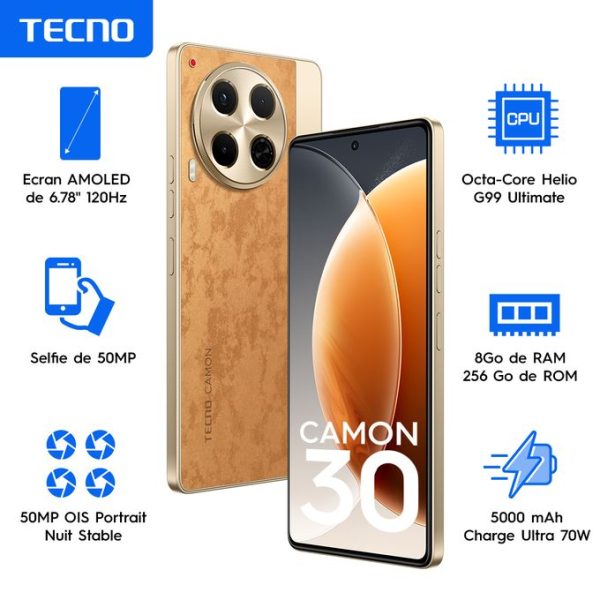 Tecno CAMON 30 - 6.78"- 4G - 2 Sim – 8Go Ram/256 Go - 50Mpx - 5000 MAh - Garantie 06 Mois