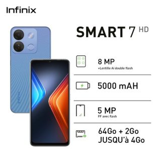 Infinix Smart 7 HD - 6.6"- 64Go + 2Go - 8MP - 5000 MAh - 2 SIM - Garantie 06 Mois