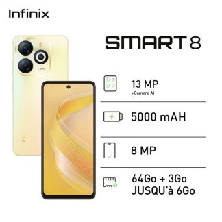 Infinix Smart 8 - 6.6" - 4G - 3/64 Go - 13 MP -2 SIM - 5000 MAh - Garantie 06 Mois